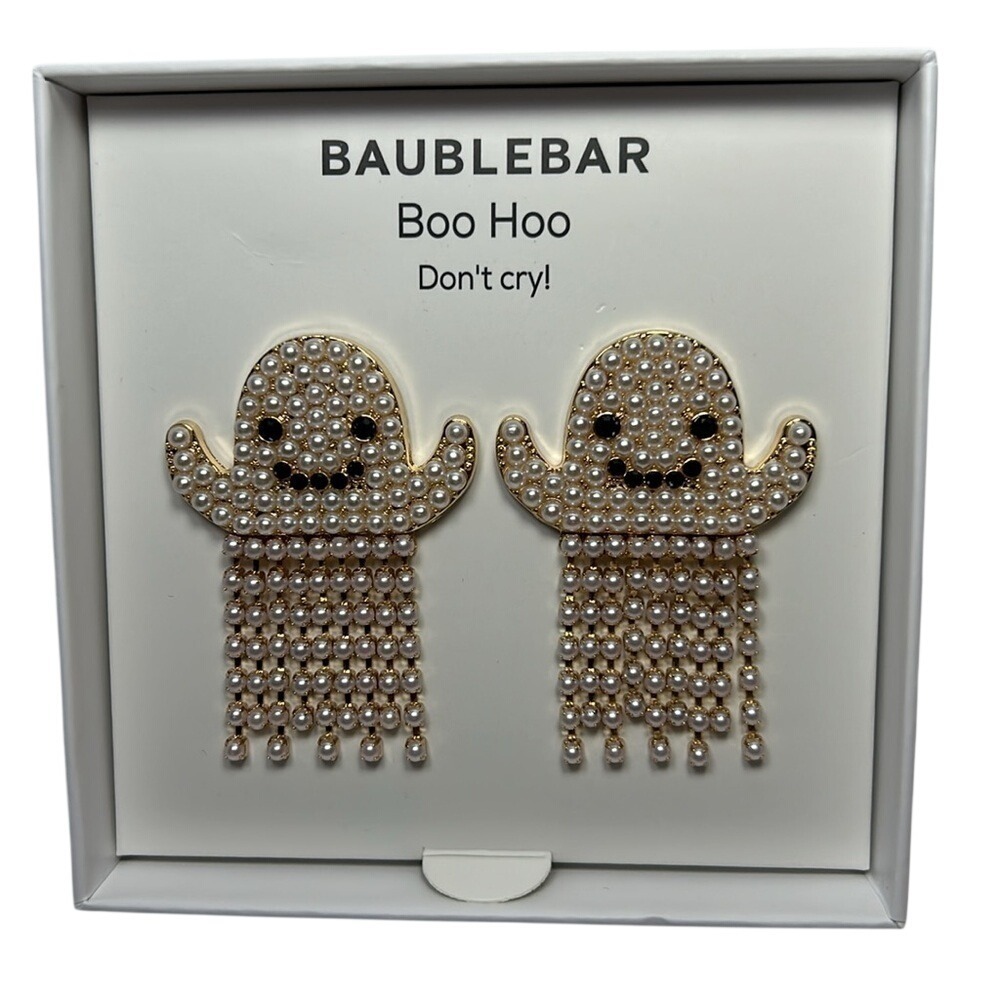 BaubleBar Boo Hoo Pearl Ghost Fringe Statement Earrings Halloween White Gold